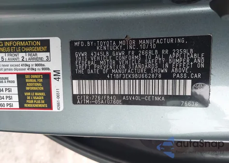 2011 Toyota Camry Le z USA, uszkodzony, nr VIN 4T1BF3EK9BU662878